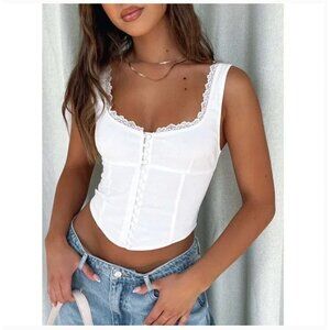 Commense Corset Top Womens Large White Button Front Lace Trim Cropped Bustier